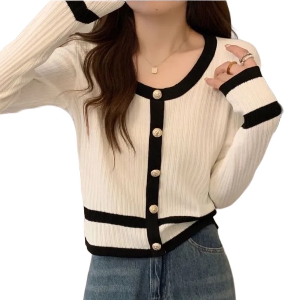 Commense Retro Contrast Scoop Neckline Ribbed Knit Top Relaxed Stretchy Sz Small